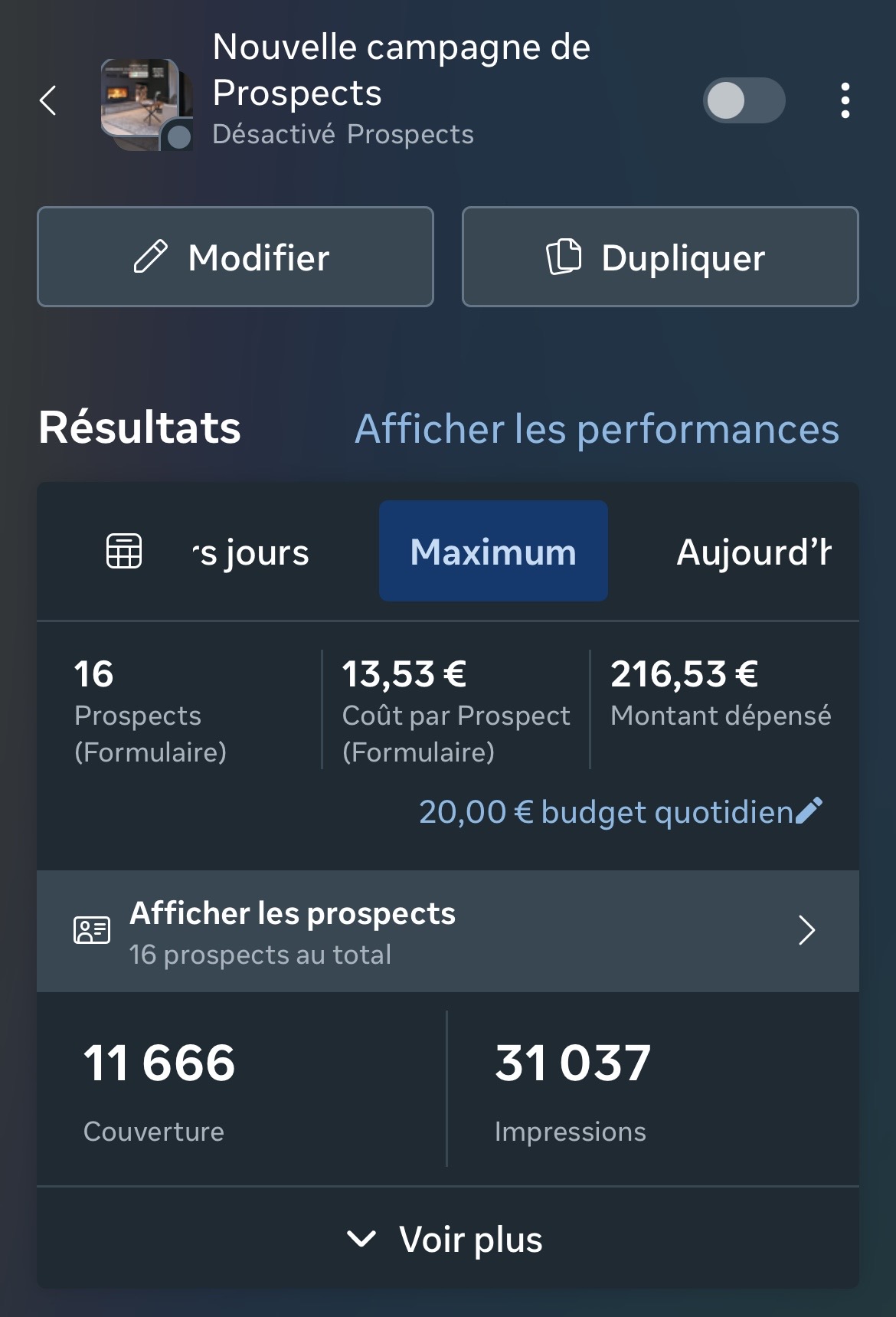 Résultats campagne Meta Ads Cheminées Océanes